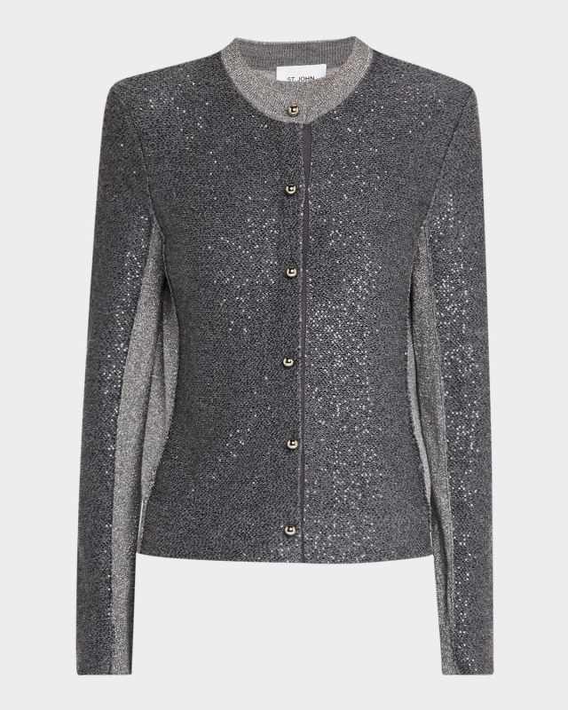 Sequin-Front Metallic Knit Cardigan